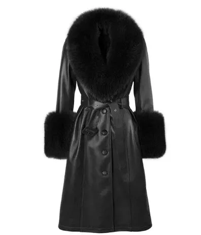 🧥 Slim Fit Sheepskin Leather Coat – Fox Fur Collar Luxe Winter Jacket🦊
