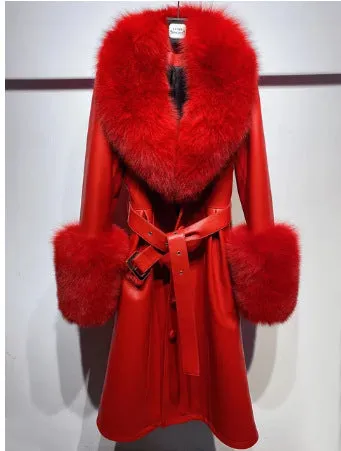 🧥 Slim Fit Sheepskin Leather Coat – Fox Fur Collar Luxe Winter Jacket🦊