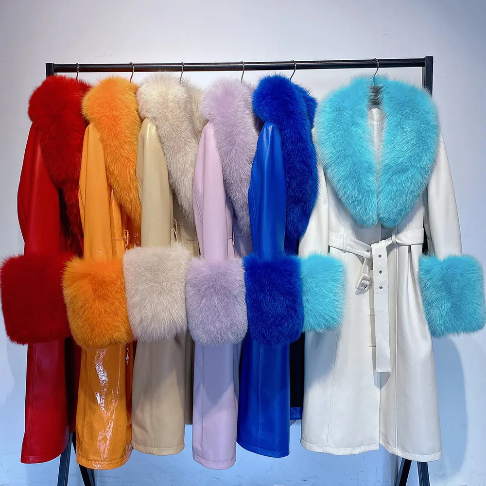 🧥 Slim Fit Sheepskin Leather Coat – Fox Fur Collar Luxe Winter Jacket🦊