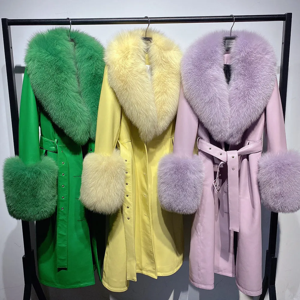 🧥 Slim Fit Sheepskin Leather Coat – Fox Fur Collar Luxe Winter Jacket🦊