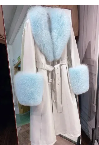 🧥 Slim Fit Sheepskin Leather Coat – Fox Fur Collar Luxe Winter Jacket🦊