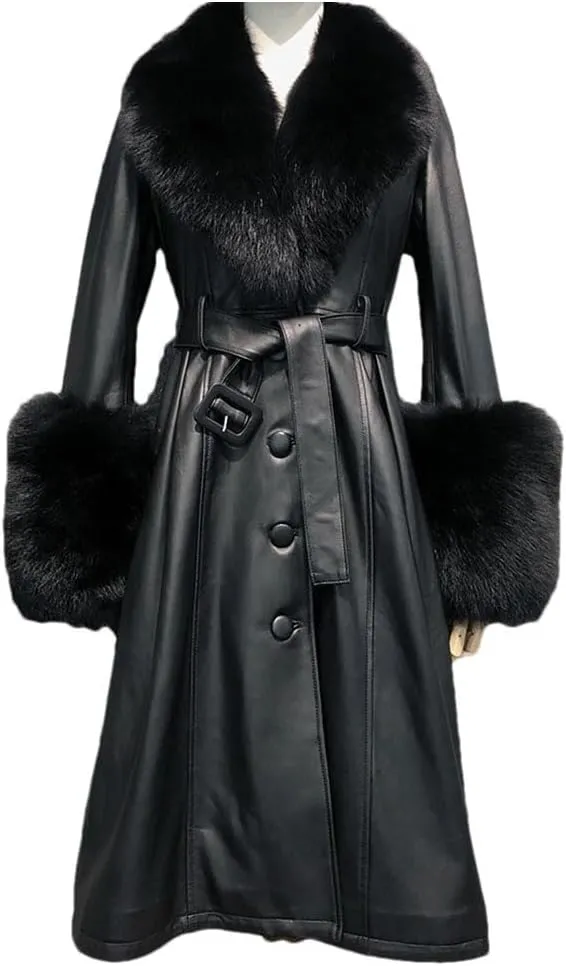 🧥 Slim Fit Sheepskin Leather Coat – Fox Fur Collar Luxe Winter Jacket🦊
