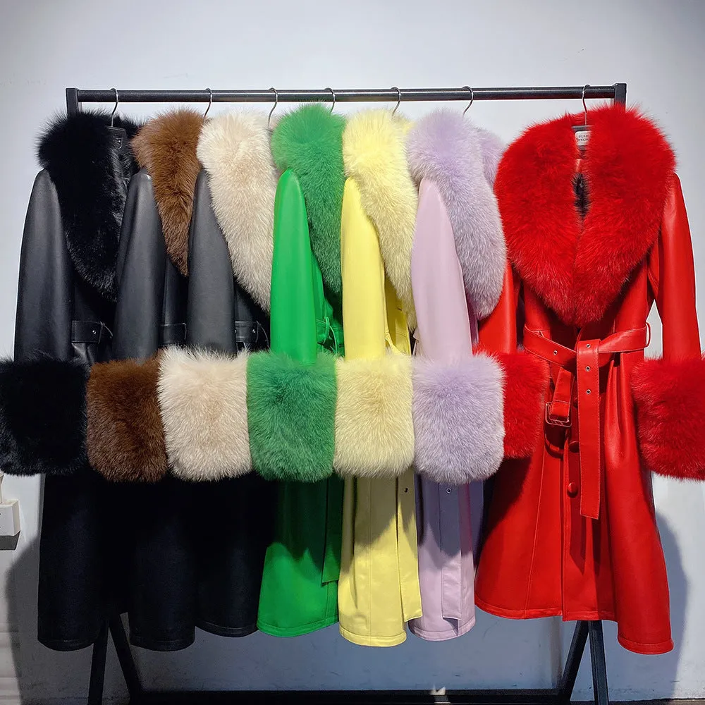 🧥 Slim Fit Sheepskin Leather Coat – Fox Fur Collar Luxe Winter Jacket🦊
