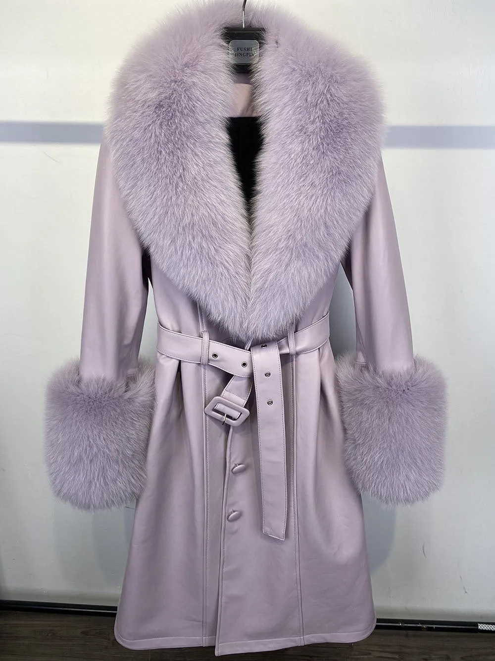 🧥 Slim Fit Sheepskin Leather Coat – Fox Fur Collar Luxe Winter Jacket🦊
