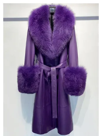 🧥 Slim Fit Sheepskin Leather Coat – Fox Fur Collar Luxe Winter Jacket🦊