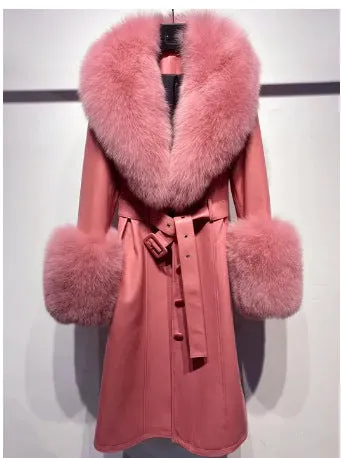 🧥 Slim Fit Sheepskin Leather Coat – Fox Fur Collar Luxe Winter Jacket🦊