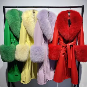 🧥 Slim Fit Sheepskin Leather Coat – Fox Fur Collar Luxe Winter Jacket🦊