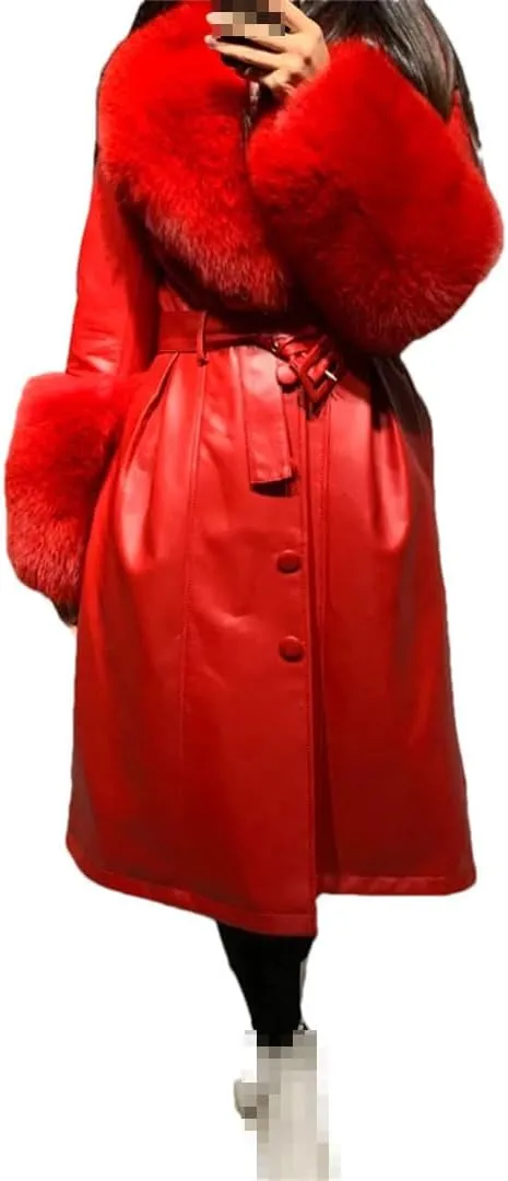 🧥 Slim Fit Sheepskin Leather Coat – Fox Fur Collar Luxe Winter Jacket🦊