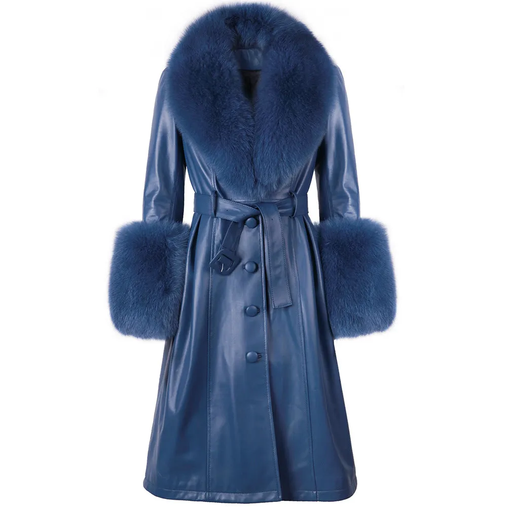 🧥 Slim Fit Sheepskin Leather Coat – Fox Fur Collar Luxe Winter Jacket🦊