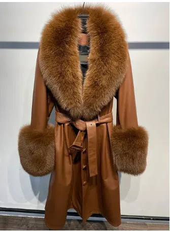 🧥 Slim Fit Sheepskin Leather Coat – Fox Fur Collar Luxe Winter Jacket🦊