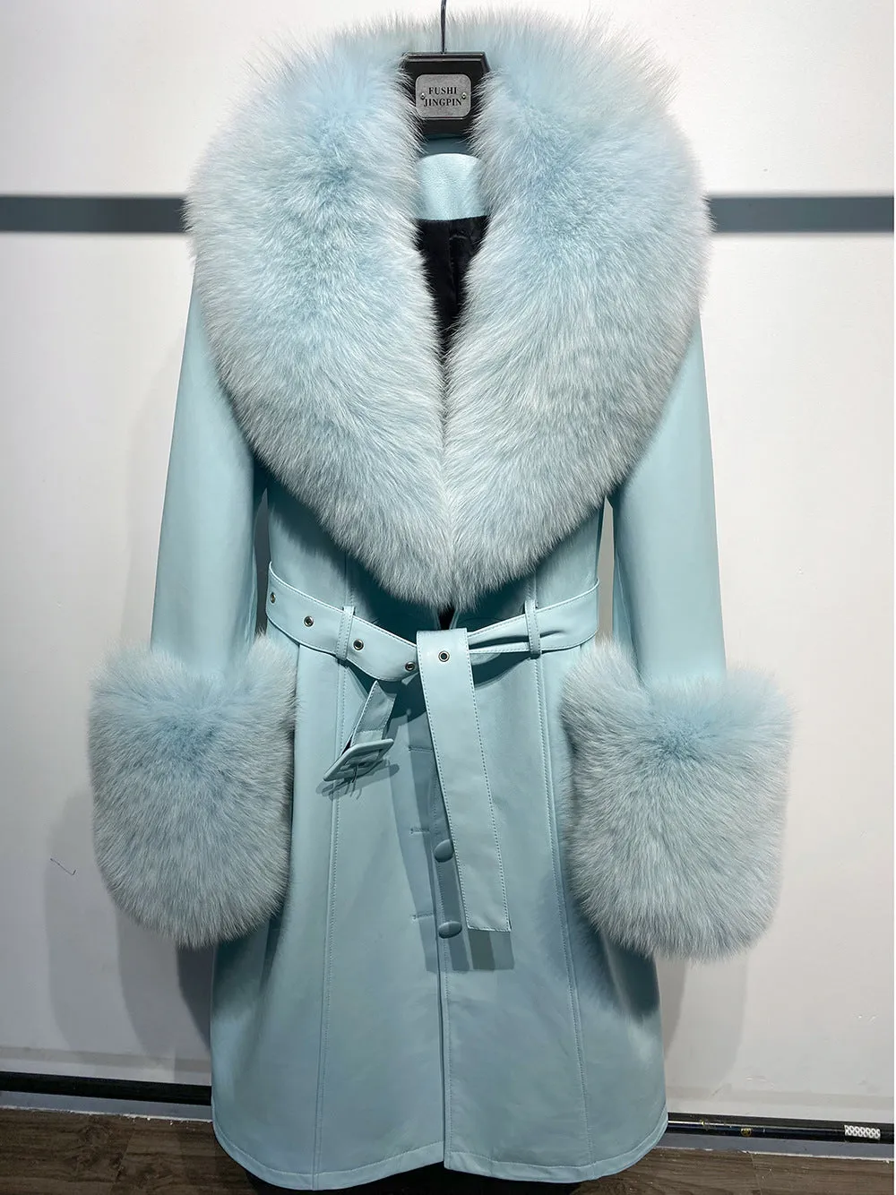 🧥 Slim Fit Sheepskin Leather Coat – Fox Fur Collar Luxe Winter Jacket🦊