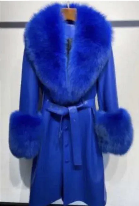 🧥 Slim Fit Sheepskin Leather Coat – Fox Fur Collar Luxe Winter Jacket🦊