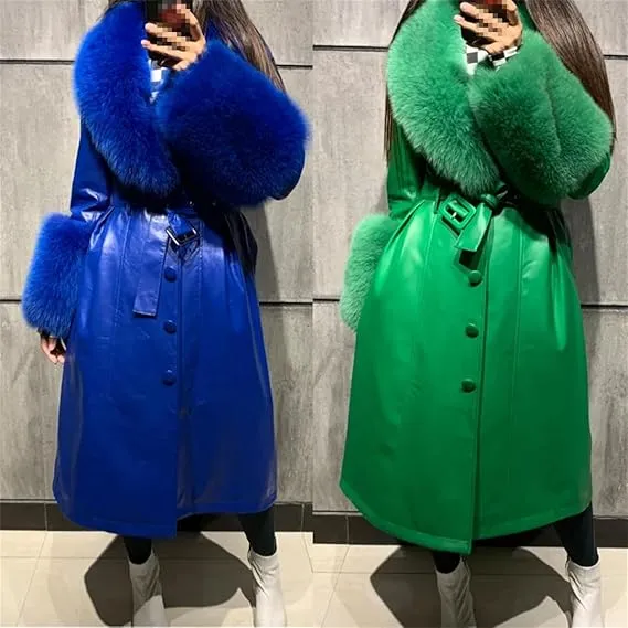 🧥 Slim Fit Sheepskin Leather Coat – Fox Fur Collar Luxe Winter Jacket🦊