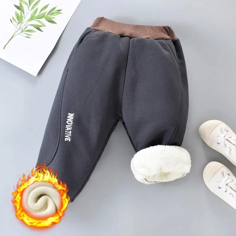 Autumn Winter Boys Fleece Sports Pant 0-6Y Child Straight Thick Warm 3 Layer Quilted Trousers Kid Elastic Waist Jogger Sweatpant