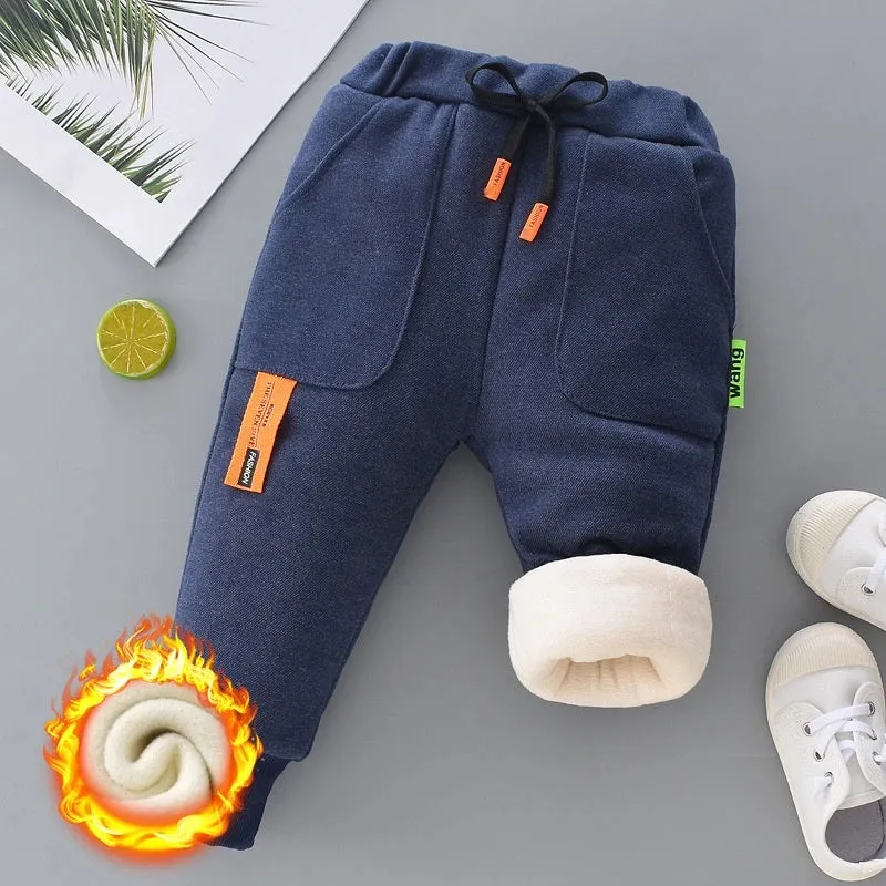 Autumn Winter Boys Fleece Sports Pant 0-6Y Child Straight Thick Warm 3 Layer Quilted Trousers Kid Elastic Waist Jogger Sweatpant