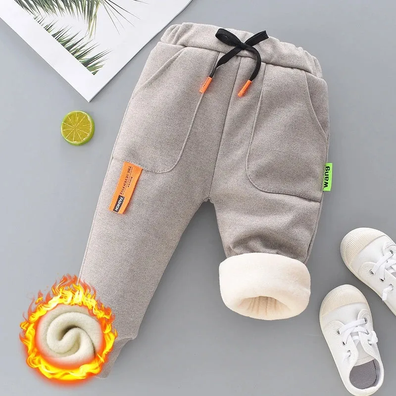 Autumn Winter Boys Fleece Sports Pant 0-6Y Child Straight Thick Warm 3 Layer Quilted Trousers Kid Elastic Waist Jogger Sweatpant