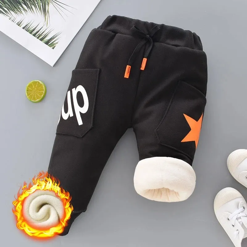 Autumn Winter Boys Fleece Sports Pant 0-6Y Child Straight Thick Warm 3 Layer Quilted Trousers Kid Elastic Waist Jogger Sweatpant