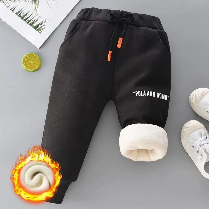 Autumn Winter Boys Fleece Sports Pant 0-6Y Child Straight Thick Warm 3 Layer Quilted Trousers Kid Elastic Waist Jogger Sweatpant