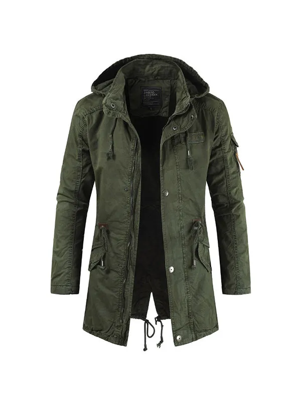 Back Slit Chest Logo Stand Collar Hooded Jacket Coat