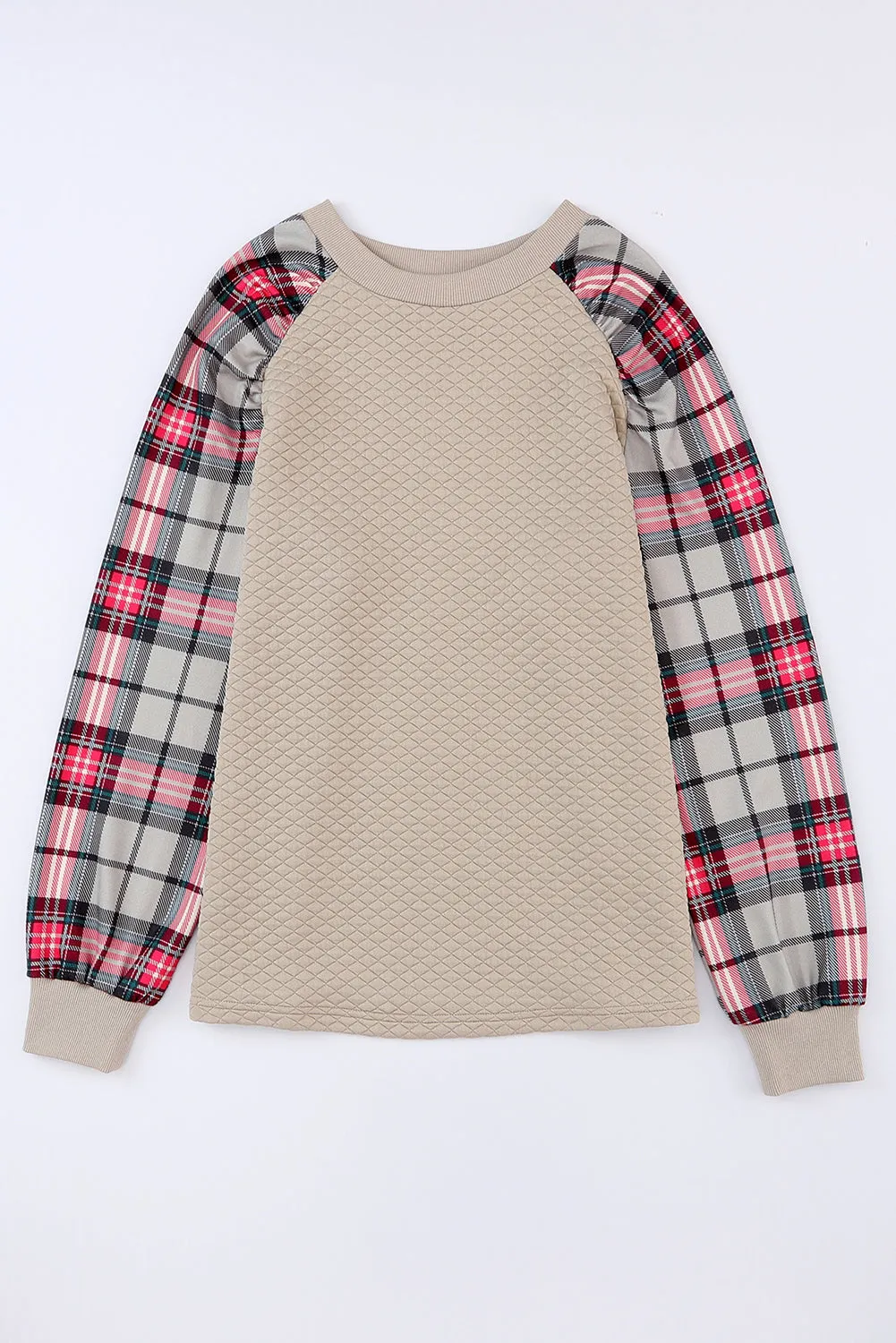 Brown Plaid Print Waffle Quilted Raglan Sleeve Sweatshirt