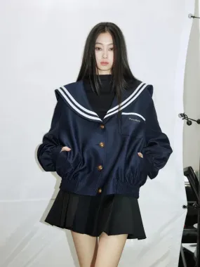 Girlary Vintage Sailor Collar Jacket Women Patchwork Long Sleeve Oversize Coat Preppy Style Uniform Old Money Aesthetics Outfits