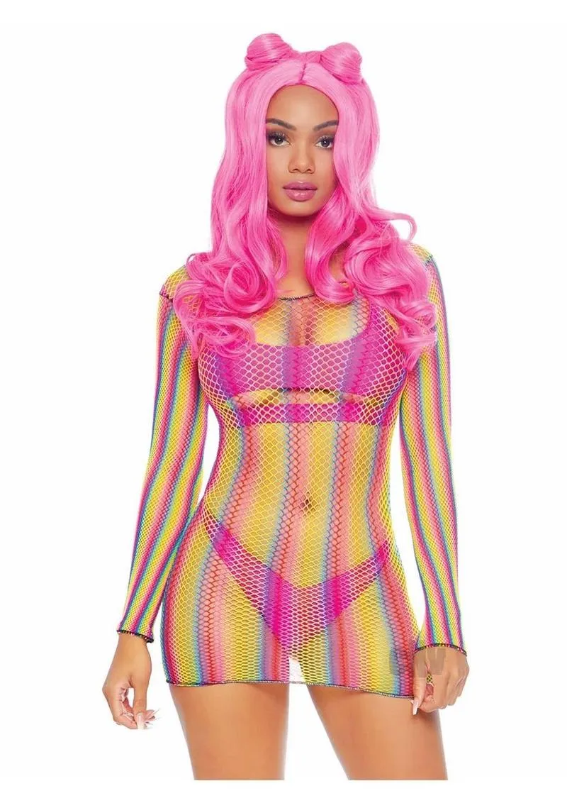 Rainbow Fishnet Long Sleeved Mini Dress - One Size - Rainbow