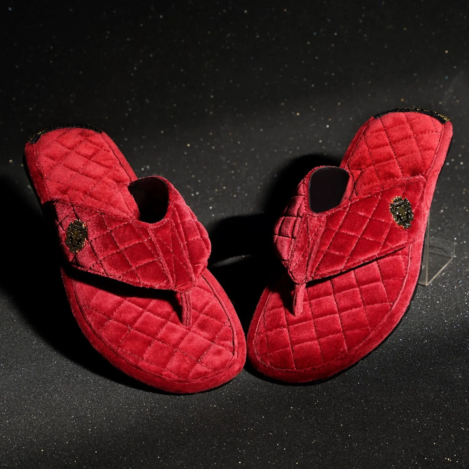 Red V-Strap Velvet Slippers