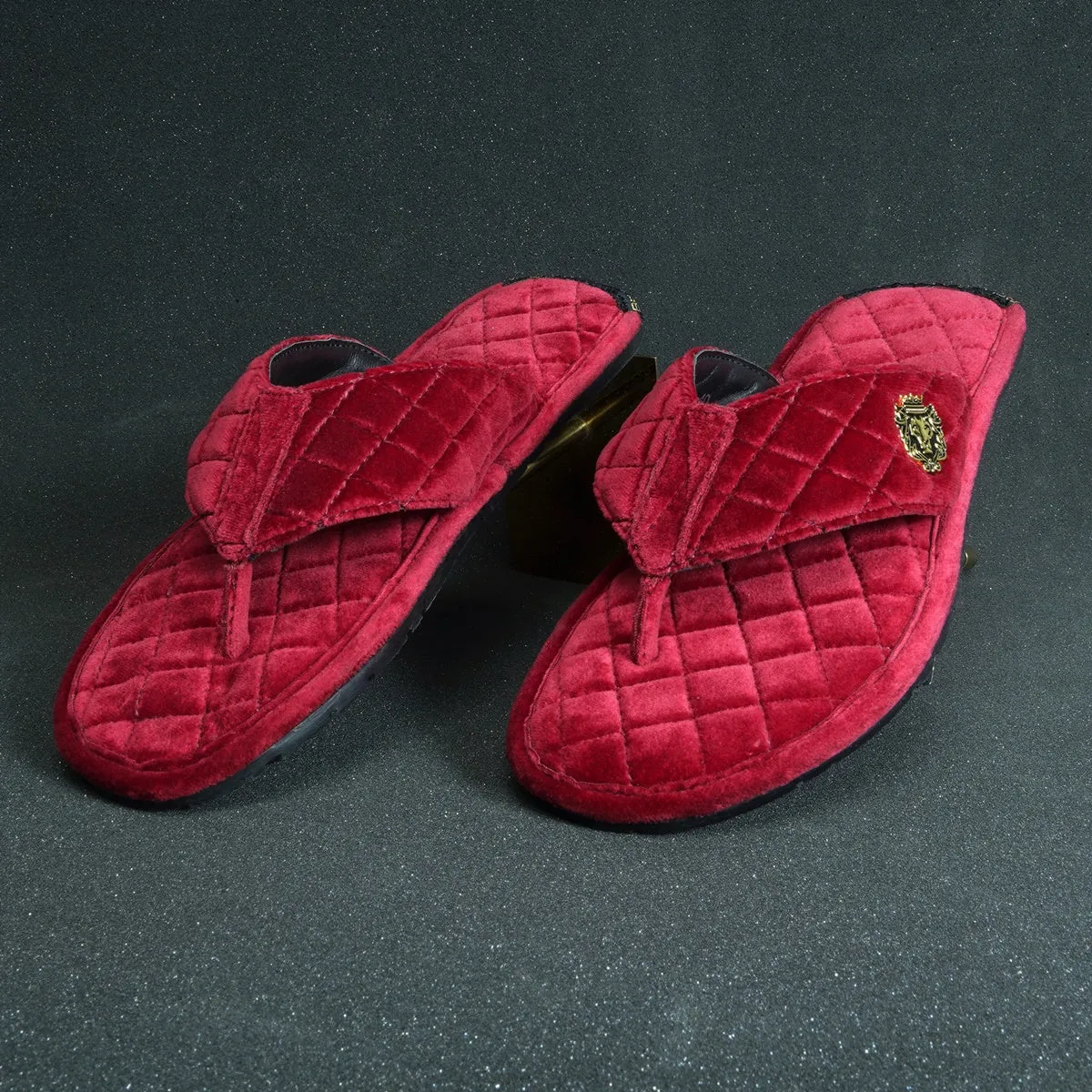 Red V-Strap Velvet Slippers
