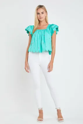 Scalloped Hem Ruffle Detail Top