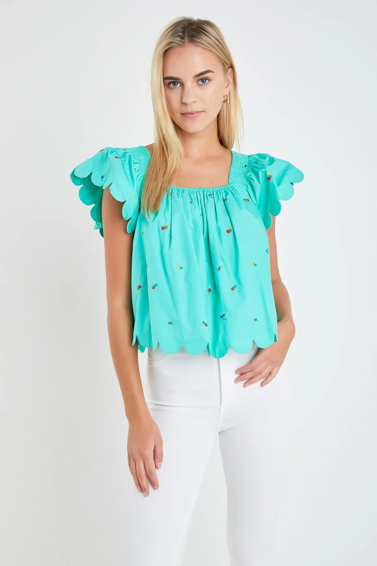 Scalloped Hem Ruffle Detail Top
