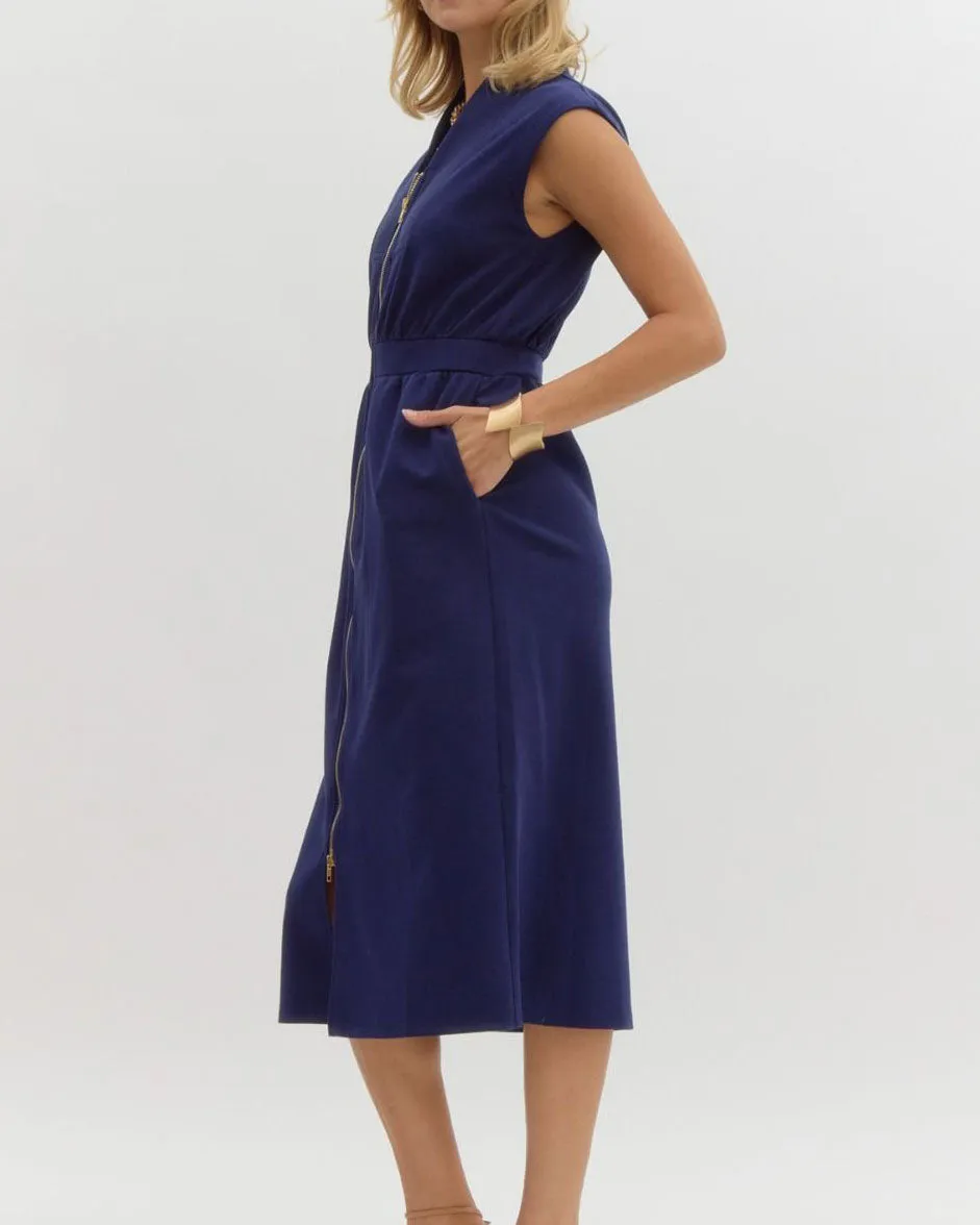 Soft Zip Front Dress - Navy