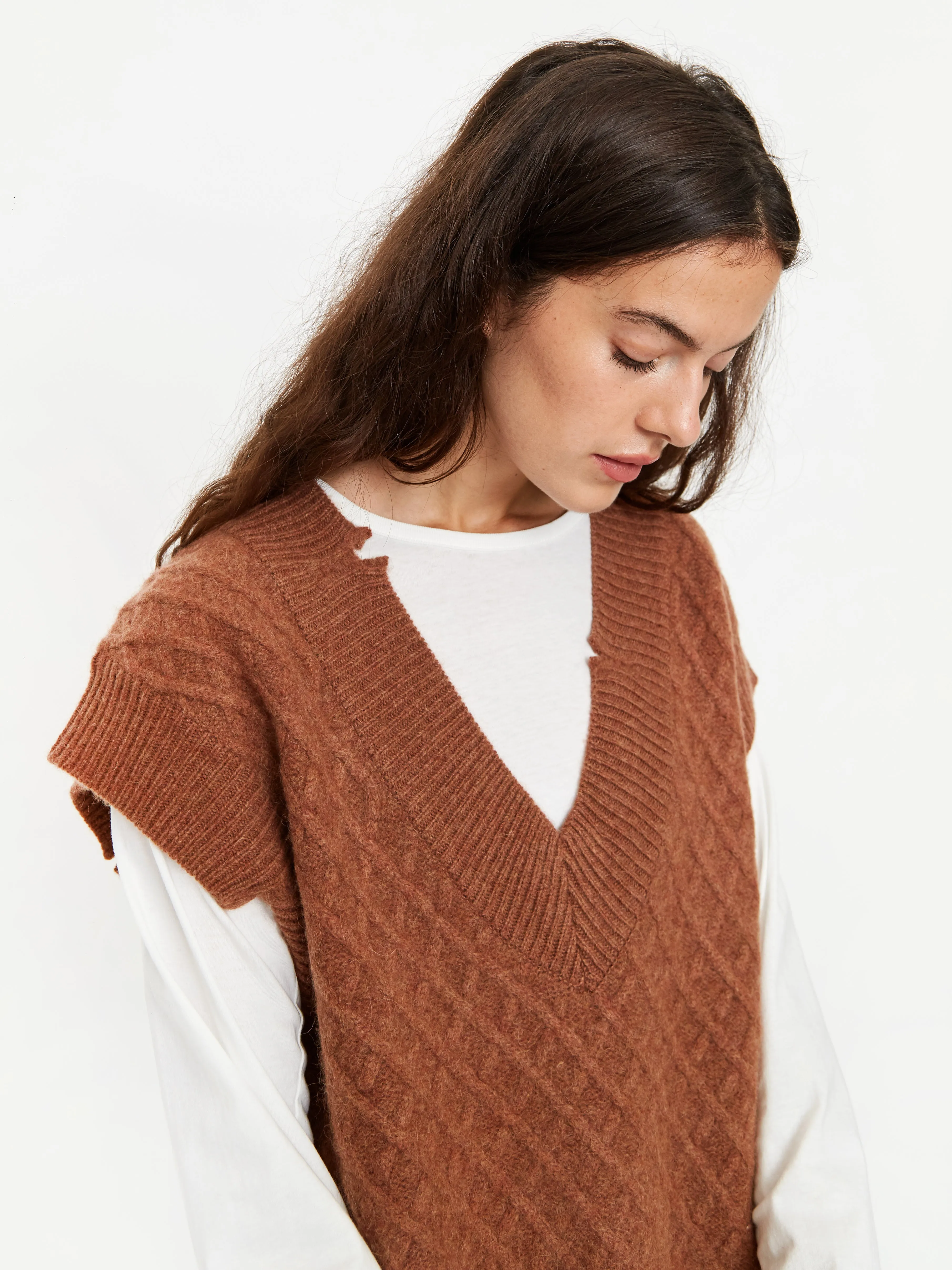 Stand Alone Oversized Destroyed V-Neck Knit Vest - Brown
