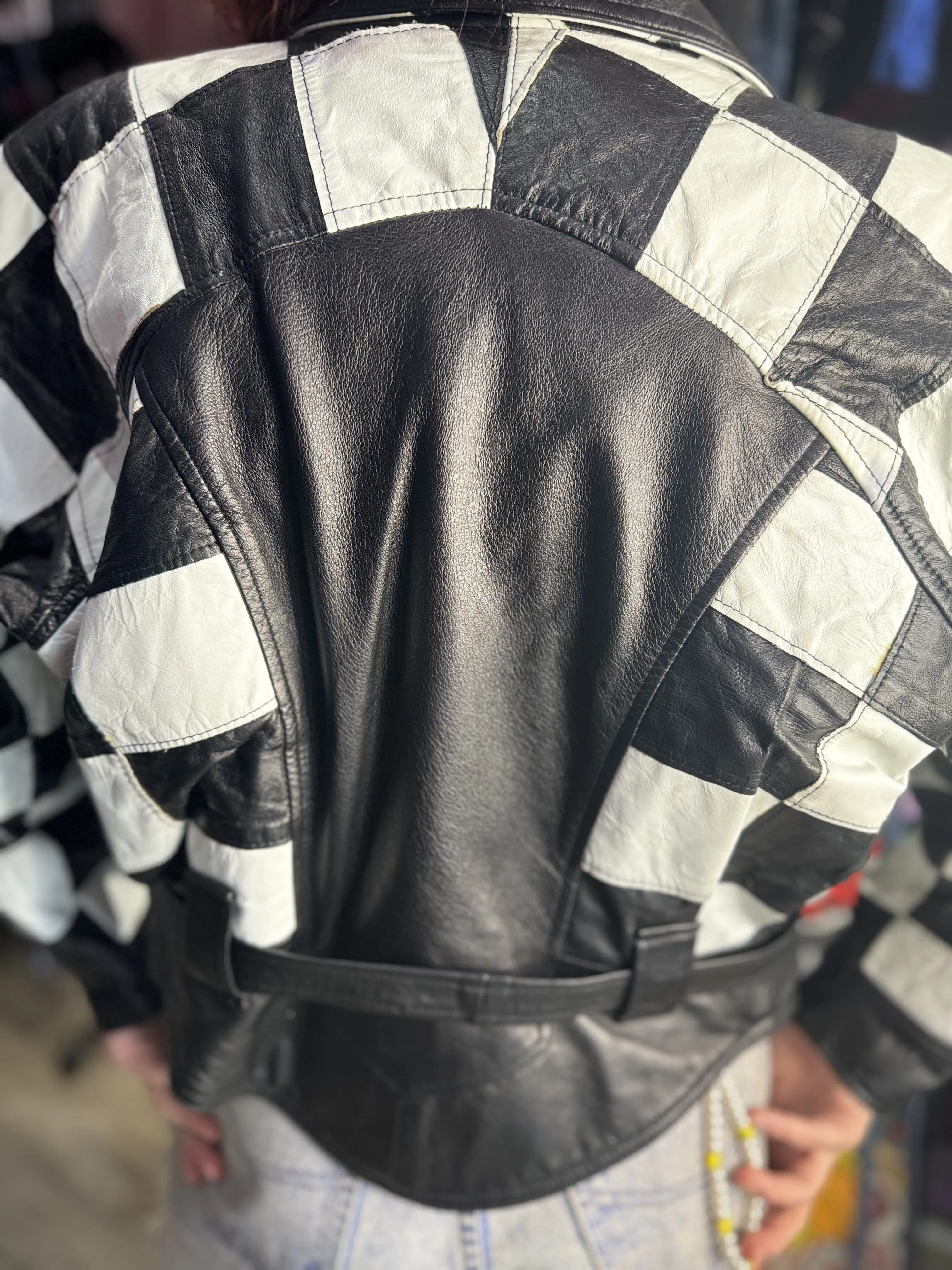 Vintage 80s Black & White Checkered Leather Jacket