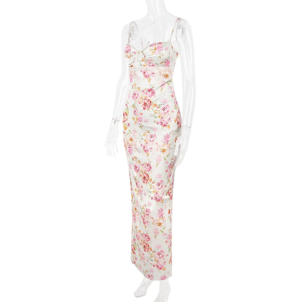 Women Clothing Dress Printed Strap Dress Sexy Backless Slit Vacation Floral Dress for Women