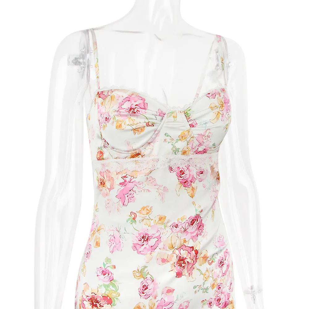 Women Clothing Dress Printed Strap Dress Sexy Backless Slit Vacation Floral Dress for Women