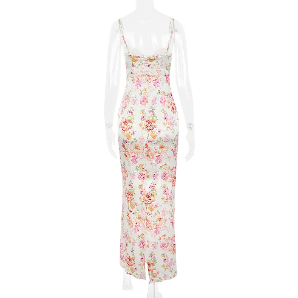 Women Clothing Dress Printed Strap Dress Sexy Backless Slit Vacation Floral Dress for Women