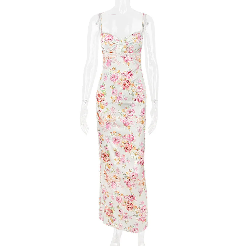 Women Clothing Dress Printed Strap Dress Sexy Backless Slit Vacation Floral Dress for Women