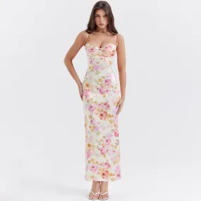 Women Clothing Dress Printed Strap Dress Sexy Backless Slit Vacation Floral Dress for Women