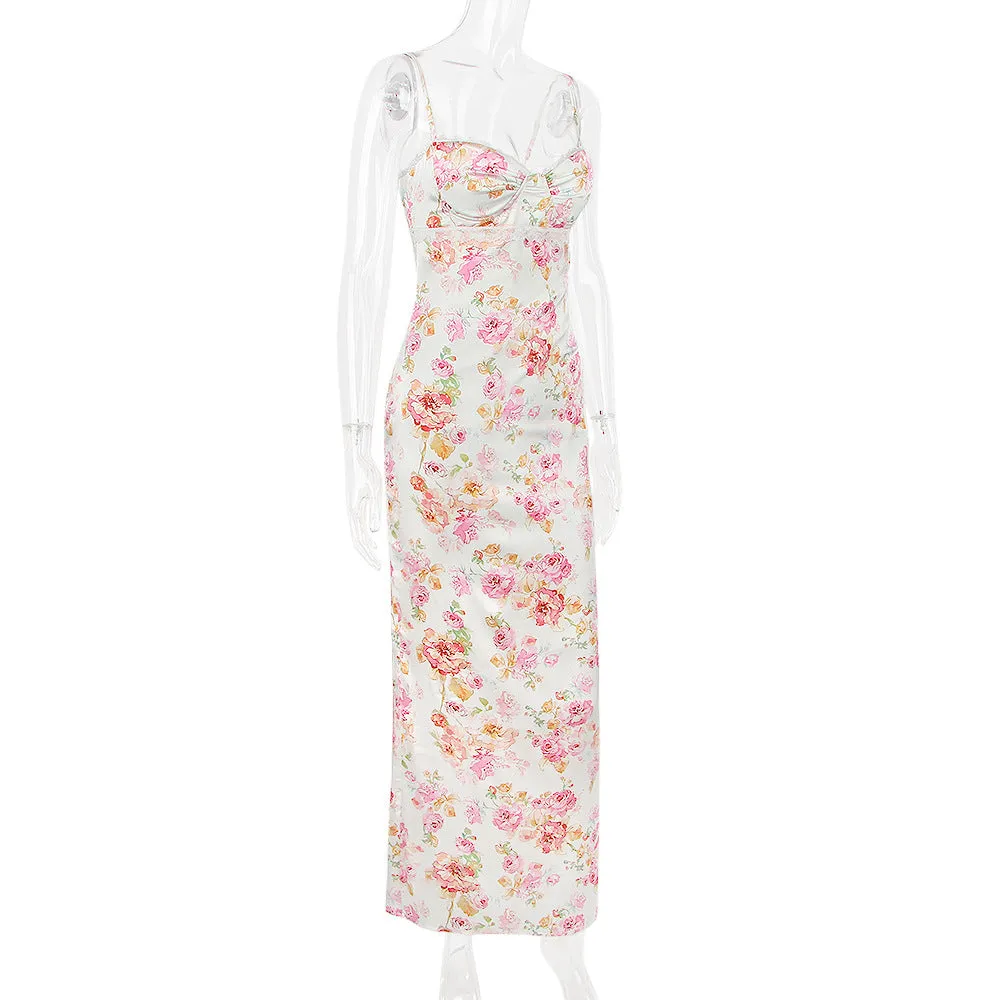 Women Clothing Dress Printed Strap Dress Sexy Backless Slit Vacation Floral Dress for Women